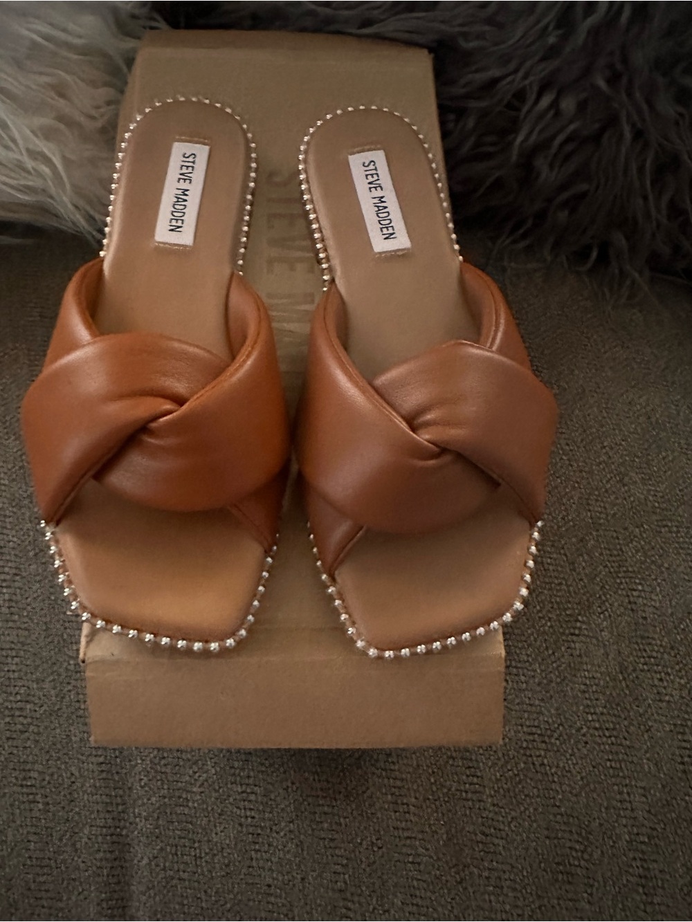 Steve Madden Cognac Knotted Slide Mules with Stud Accent